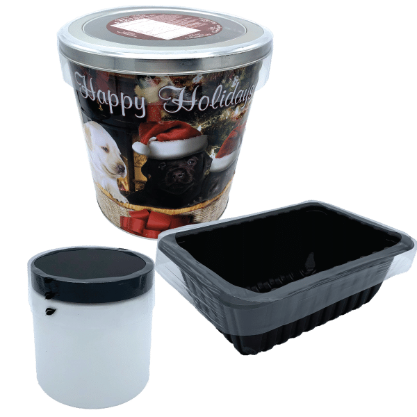 Bass Flexible Packaging preform plastic on popcorn tin, rectangle and circular container